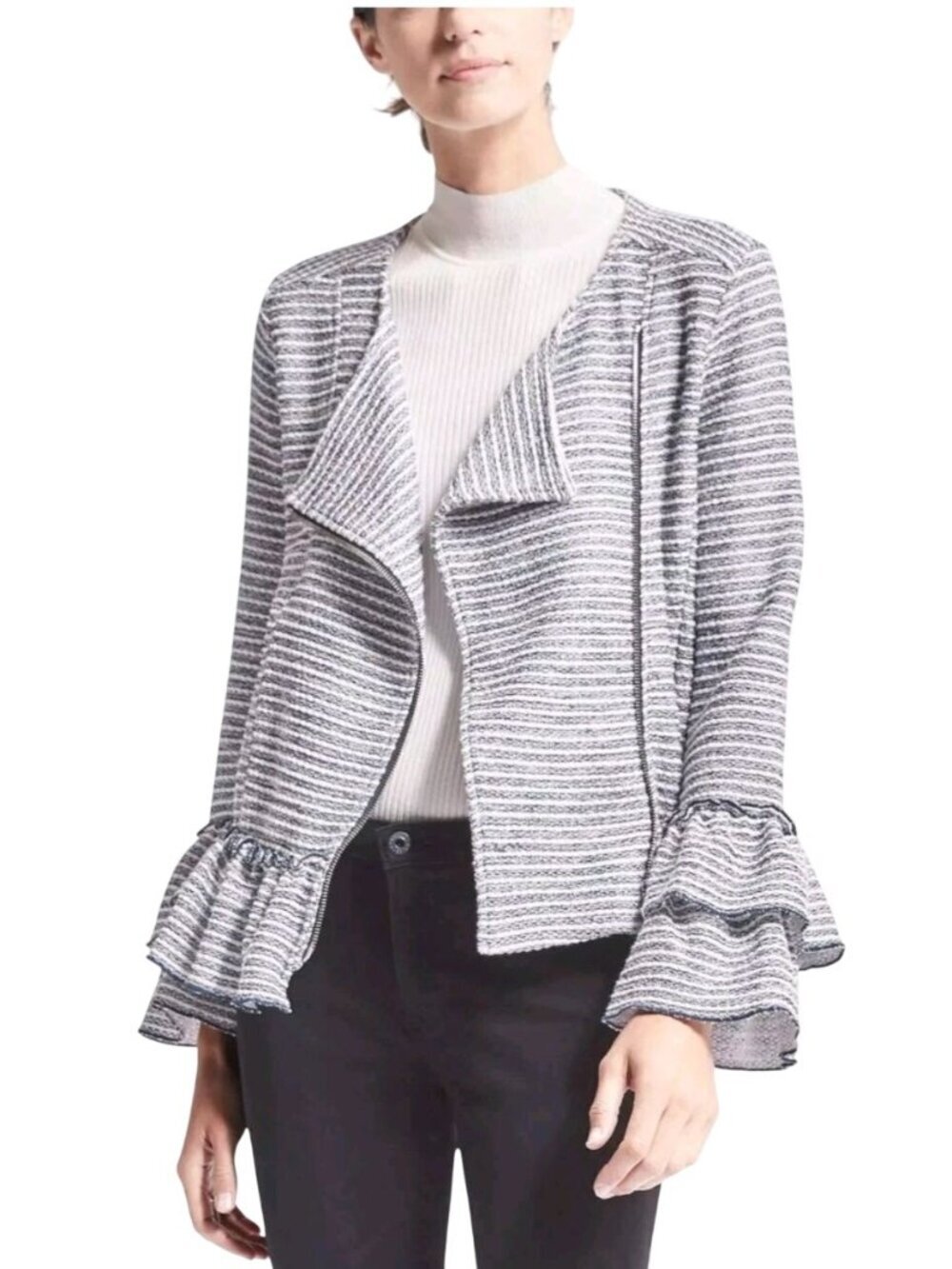 Banana Republic Ruffled Sleeve Boucle Jacket Cerulean Blue Zip Peplum Size 4
